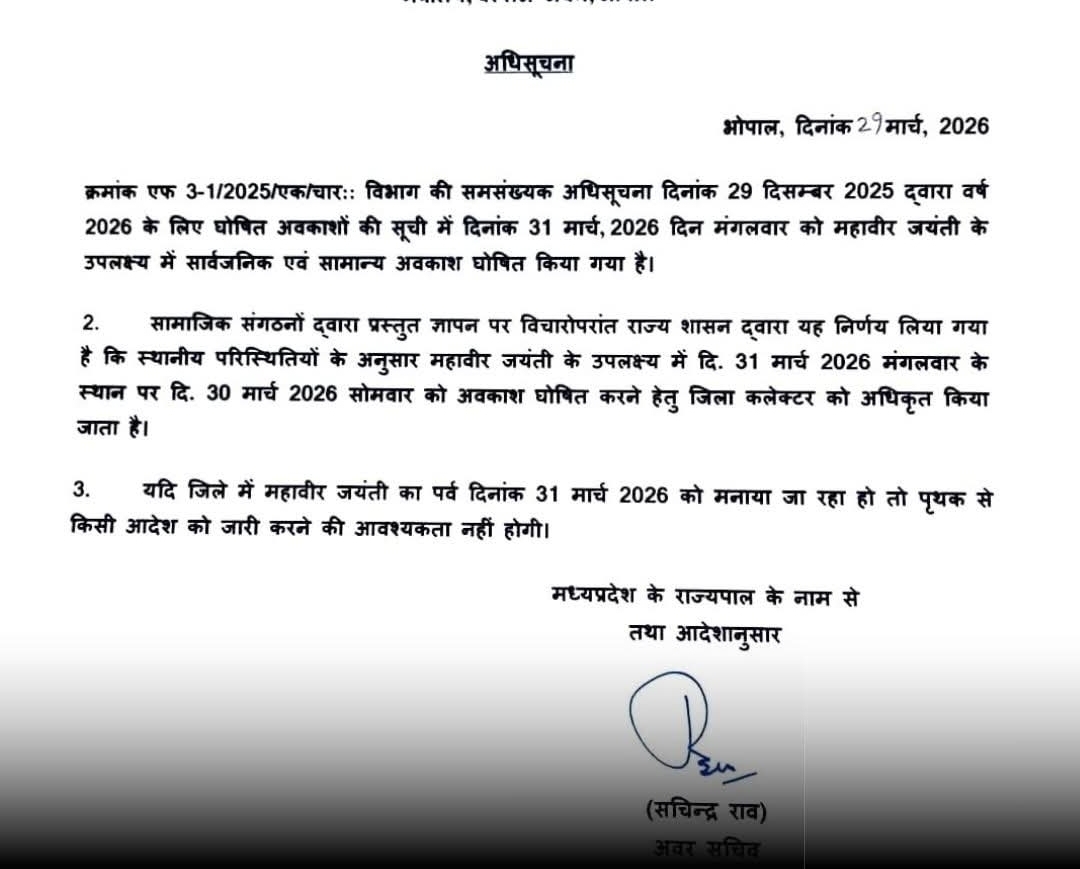 एमपी में महावीर जयंती को लेकर राज्य शासन ने की बड़ी घोषण। महावीर जयंती को लेकर सामान्य प्रशासन विभाग ने जारी किया आदेश। स्थानीय परिस्थितियों के अनुरूप कलेक्टर अवकाश के संबंध में ले सकेंगे निर्णय।