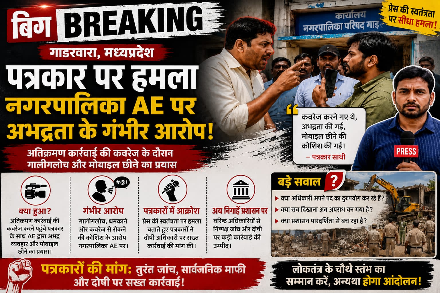 गाडरवारा में पत्रकार से दुर्व्यवहार पर बवाल*  अतिक्रमण कार्रवाई की कवरेज के दौरान पत्रकार पर कथित हमला करने का प्रयास, नगरपालिका AE पर गंभीर आरोप