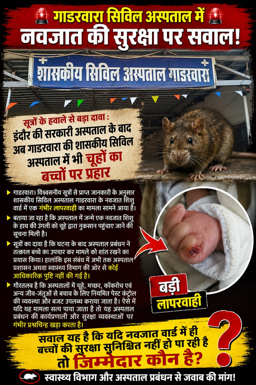 गाडरवारा सिविल अस्पताल में नवजात की सुरक्षा पर बड़ा सवाल! चूहों ने शिशु की उंगली को पहुंचाया नुकसान