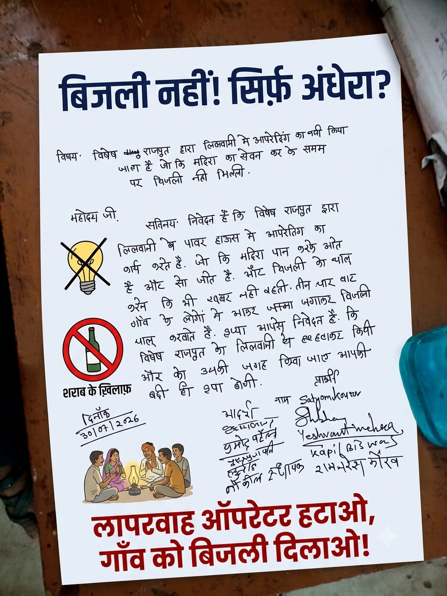गाडरवारा नशे में धुत ऑपरेटर के कारण अंधेरे में रहने को मजबूर ग्रामीण: जेई को पत्र सौंपकर हटाने की मांग