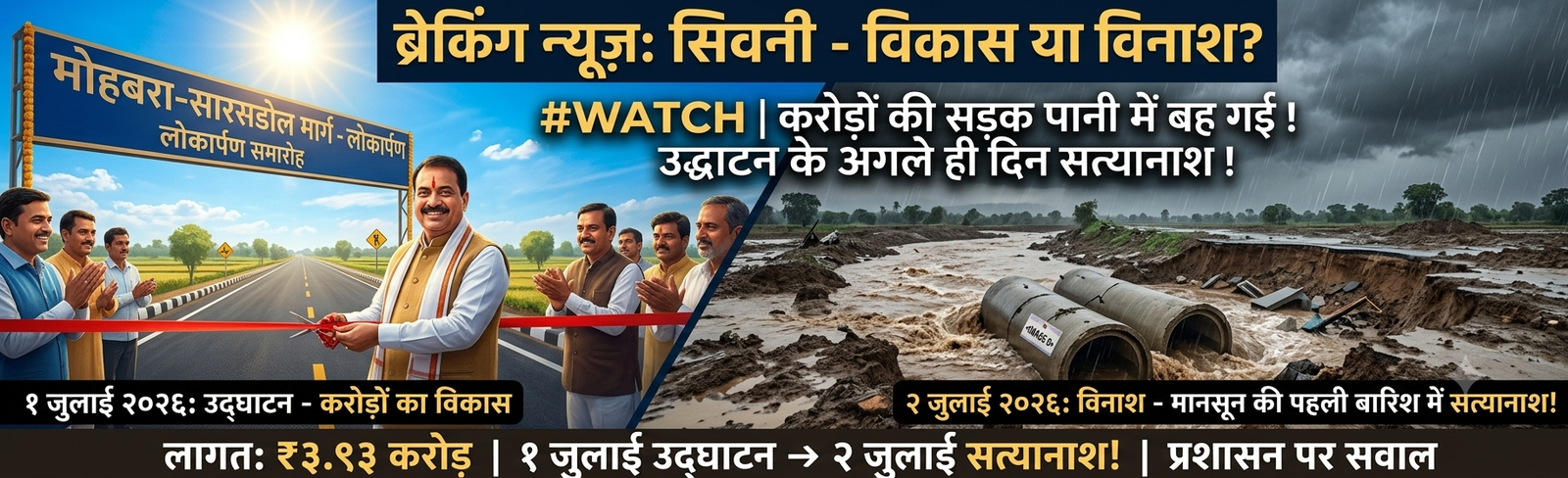 ब्रेकिंग न्यूज़: सिवनी में भ्रष्टाचार की भेंट चढ़ी करोड़ों की सड़क; उद्घाटन के अगले ही दिन पानी में बही