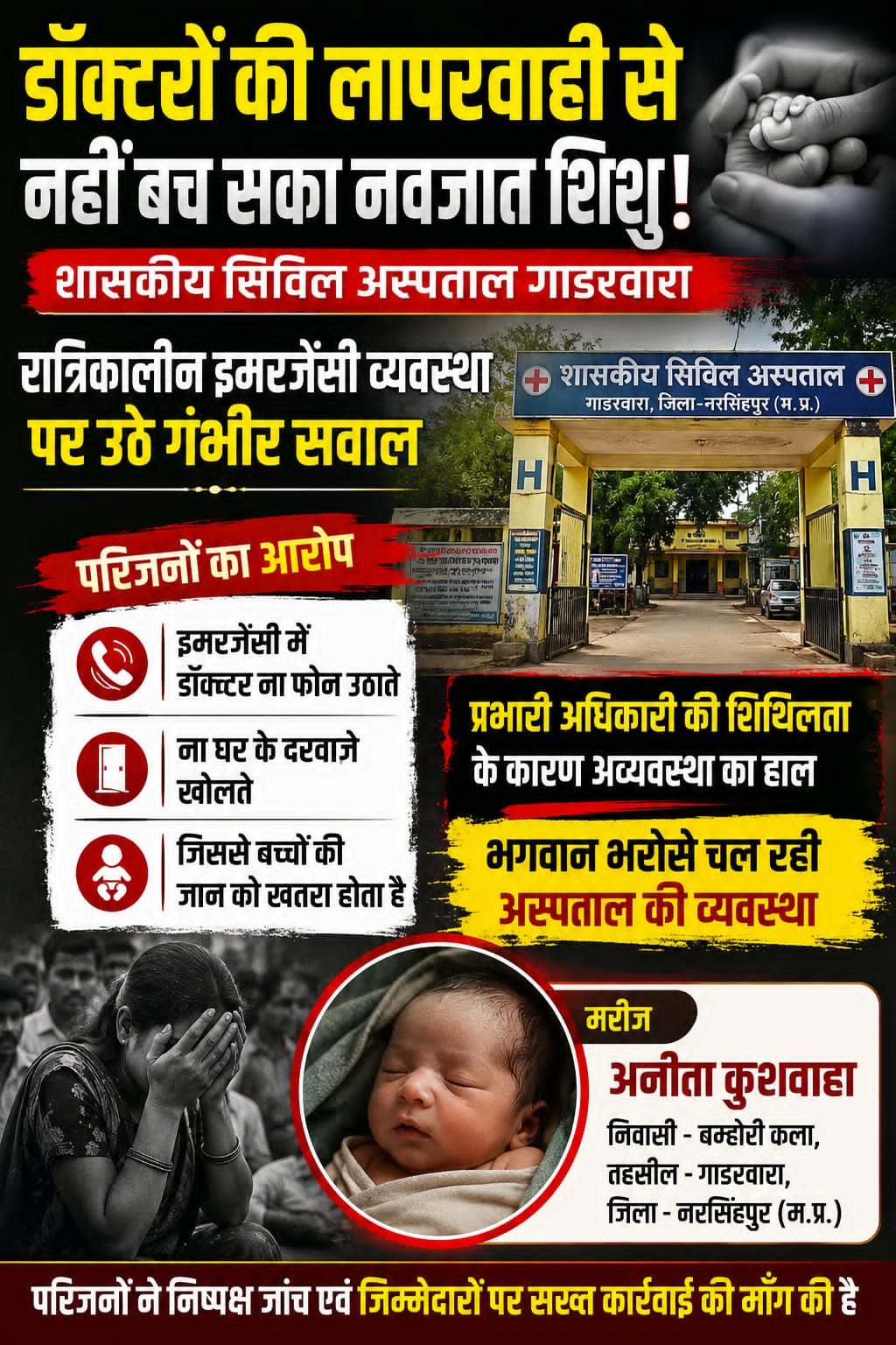 नरसिंगपुर डॉक्टरों की कथित लापरवाही से नहीं बच सका नवजात शिशु : शासकीय सिविल अस्पताल गाडरवारा  रात्रिकालीन इमरजेंसी व्यवस्था पर उठे सवाल, परिजनों ने लगाए गंभीर आरोप