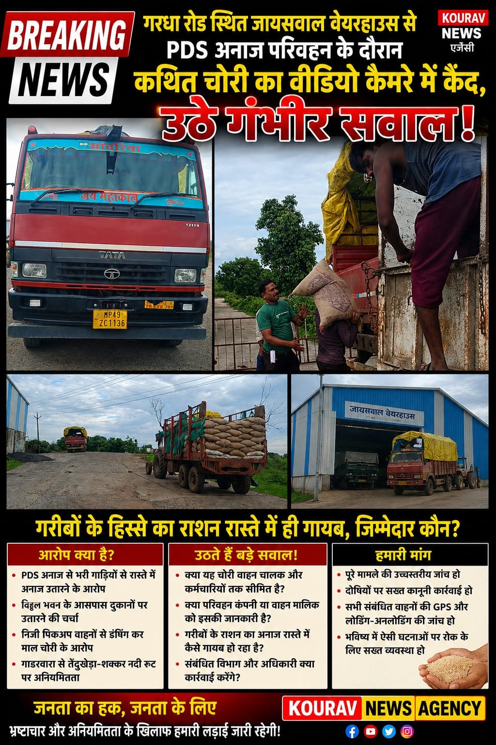 गाडरवारा गरधा रोड स्थित जायसवाल वेयरहाउस से PDS अनाज परिवहन के दौरान कथित चोरी का वीडियो कैमरे में कैद, उठे गंभीर सवाल