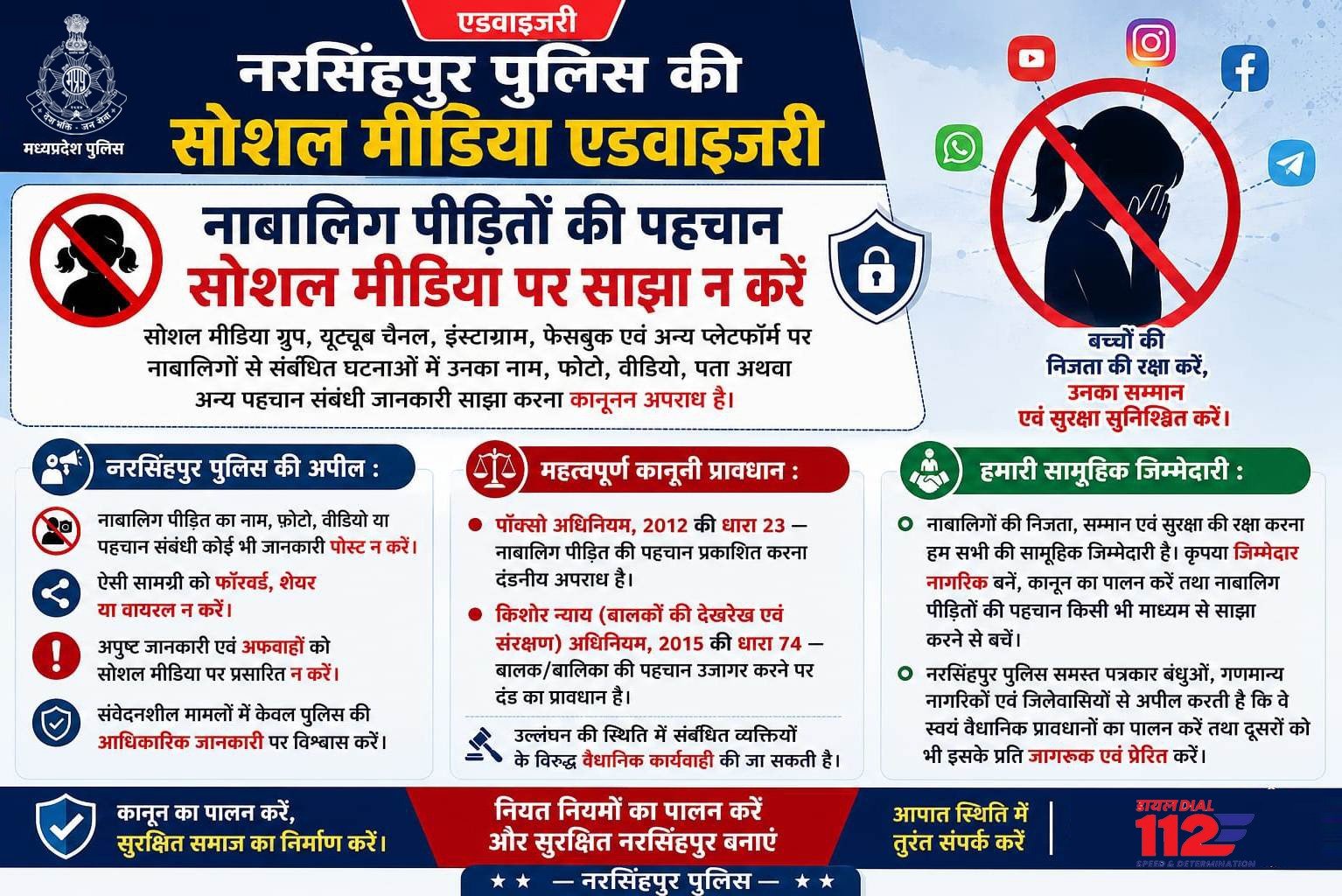 नरसिंहपुर पुलिस की सोशल मीडिया एडवाइजरी: नाबालिग पीड़ितों की पहचान उजागर करना दंडनीय अपराध ​नरसिंहपुर पुलिस ने नागरिकों, मीडियाकर्मियों और सोशल मीडिया यूजर्स के लिए एक महत्वपूर्ण एडवाइजरी जारी की है