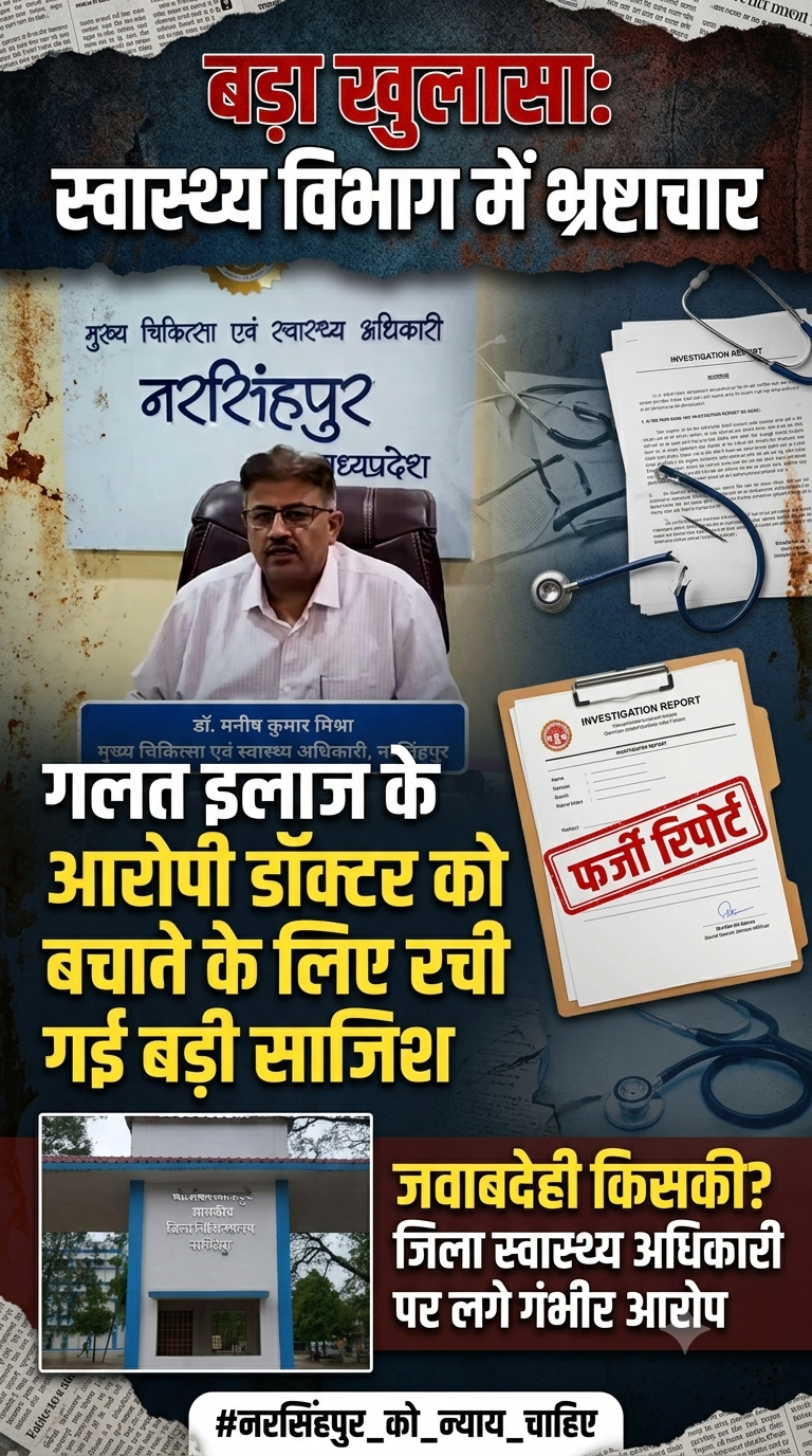 नरसिंगपुर स्वास्थ्य तंत्र की घोर लापरवाही से महिला की मौत: फर्जी रिपोर्ट बनाकर डॉक्टरों को बचाने का आरोप, परिजनों ने उच्च स्तरीय निष्पक्ष जाँच की मांग की