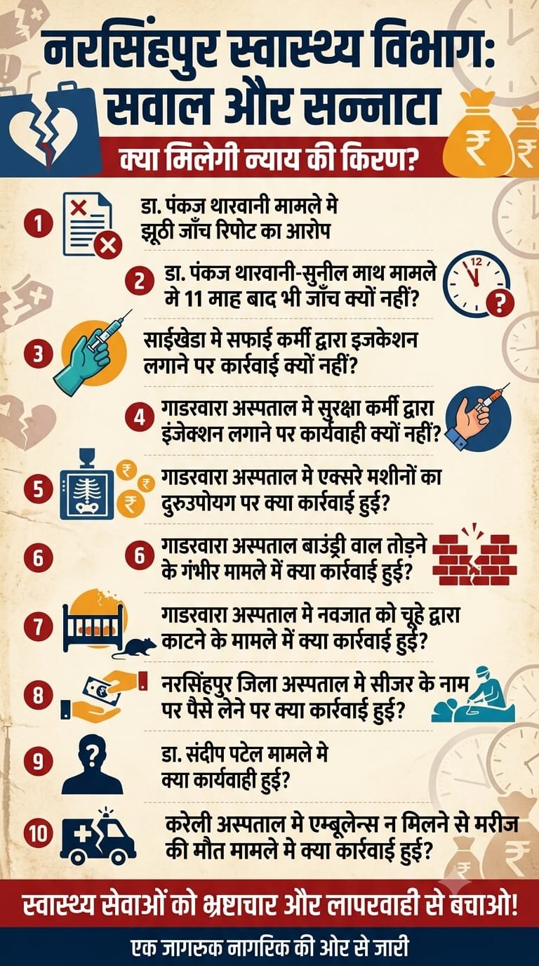 स्वास्थ्य व्यवस्था या लापरवाही का अड्डा? नरसिंहपुर स्वास्थ्य विभाग में , 10 गंभीर मामलों पर लीपापोती से जनता में आक्रोश