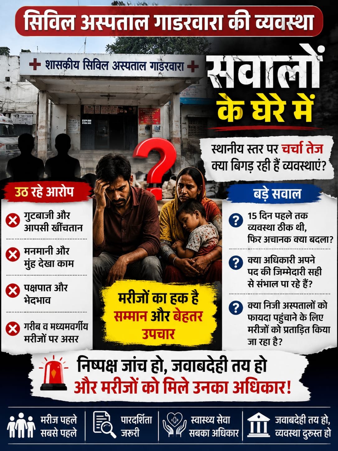 सिविल अस्पताल गाडरवारा की व्यवस्थाओं पर फिर उठे सवाल, गुटबाजी और पक्षपात के आरोप  अधिकारी-कर्मचारियों के बीच कथित खींचतान का मरीजों पर असर?