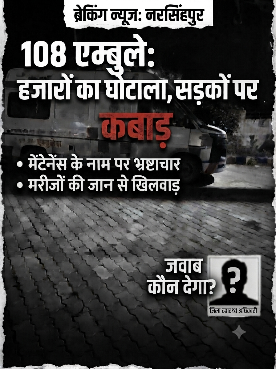 नरसिंहपुर में 108 एंबुलेंस मेंटेनेंस घोटाला! कागजों पर मरम्मत, सड़कों पर दम तोड़ती गाड़ियां