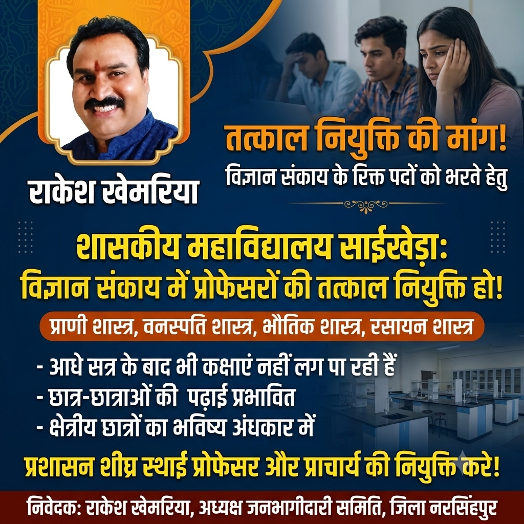 नरसिंगपुर शासकीय महाविद्यालय साईखेड़ा: प्रोफेसरों की कमी से सैकड़ों छात्रों का भविष्य अंधकार में