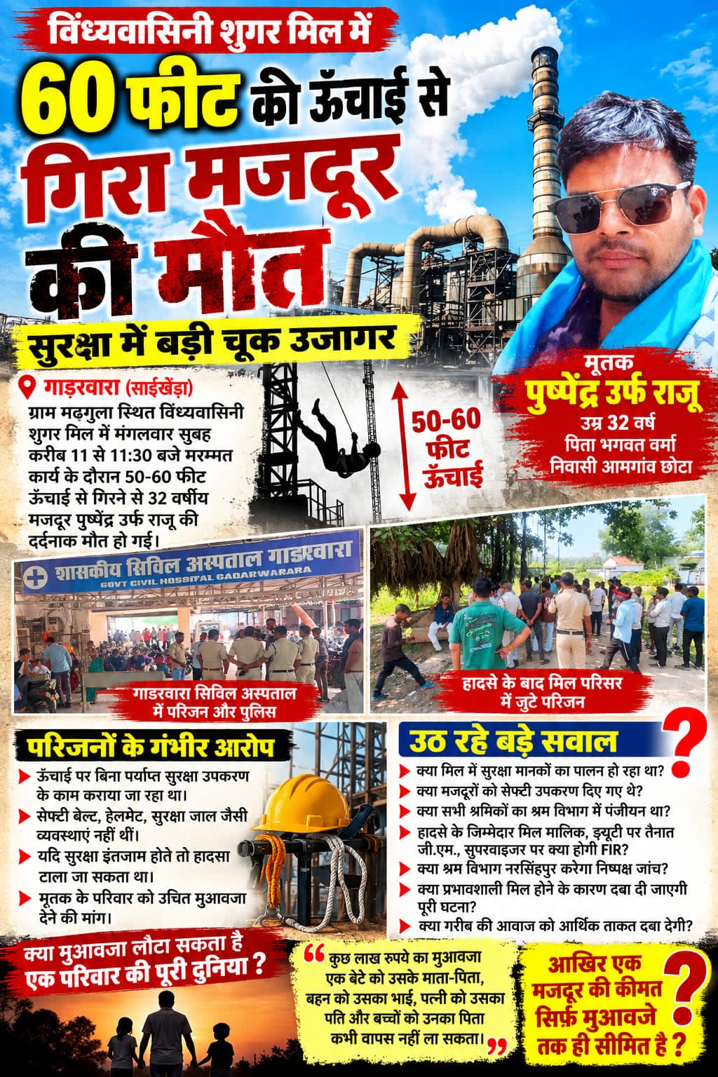गाडरवारा*60 फीट की ऊंचाई से गिरा मजदूर, मौत के बाद सुरक्षा व्यवस्था पर गंभीर सवाल*  *क्या किसी इंसान की जिंदगी की भरपाई कुछ लाख रुपये के मुआवजे से संभव*  *विंध्यवासिनी शुगर मिल में दर्दनाक हादसा, 32 वर्षीय पुष्पेंद्र उर्फ राजू की मौत;